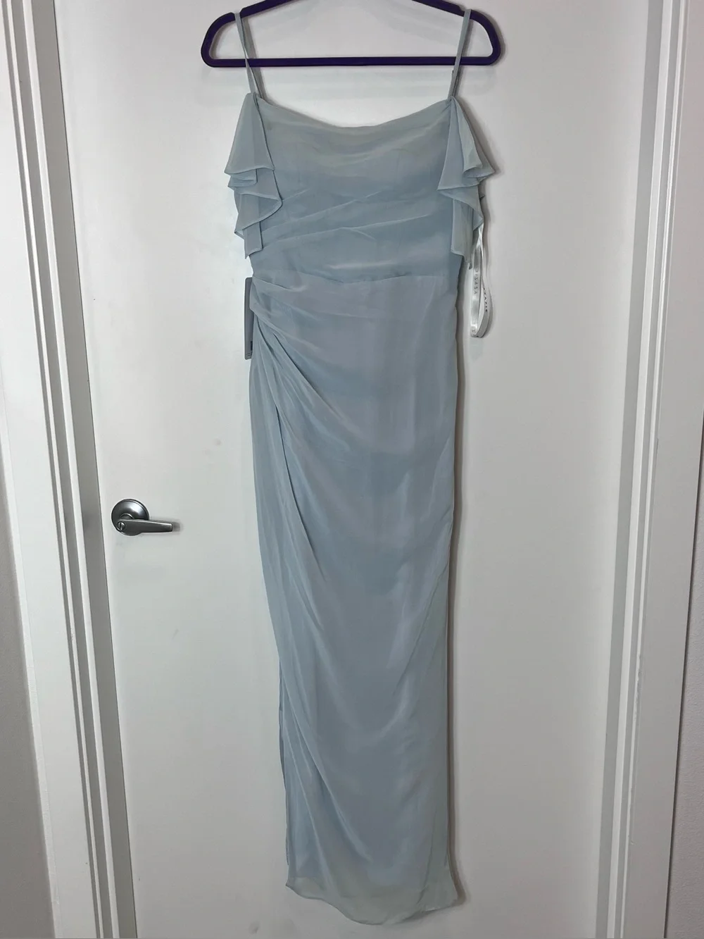 Azazie Jasmine Mist Sheath Side Slit Chiffon Blue Spaghetti Strap Maxi Dress NWT - Picture 2 of 9